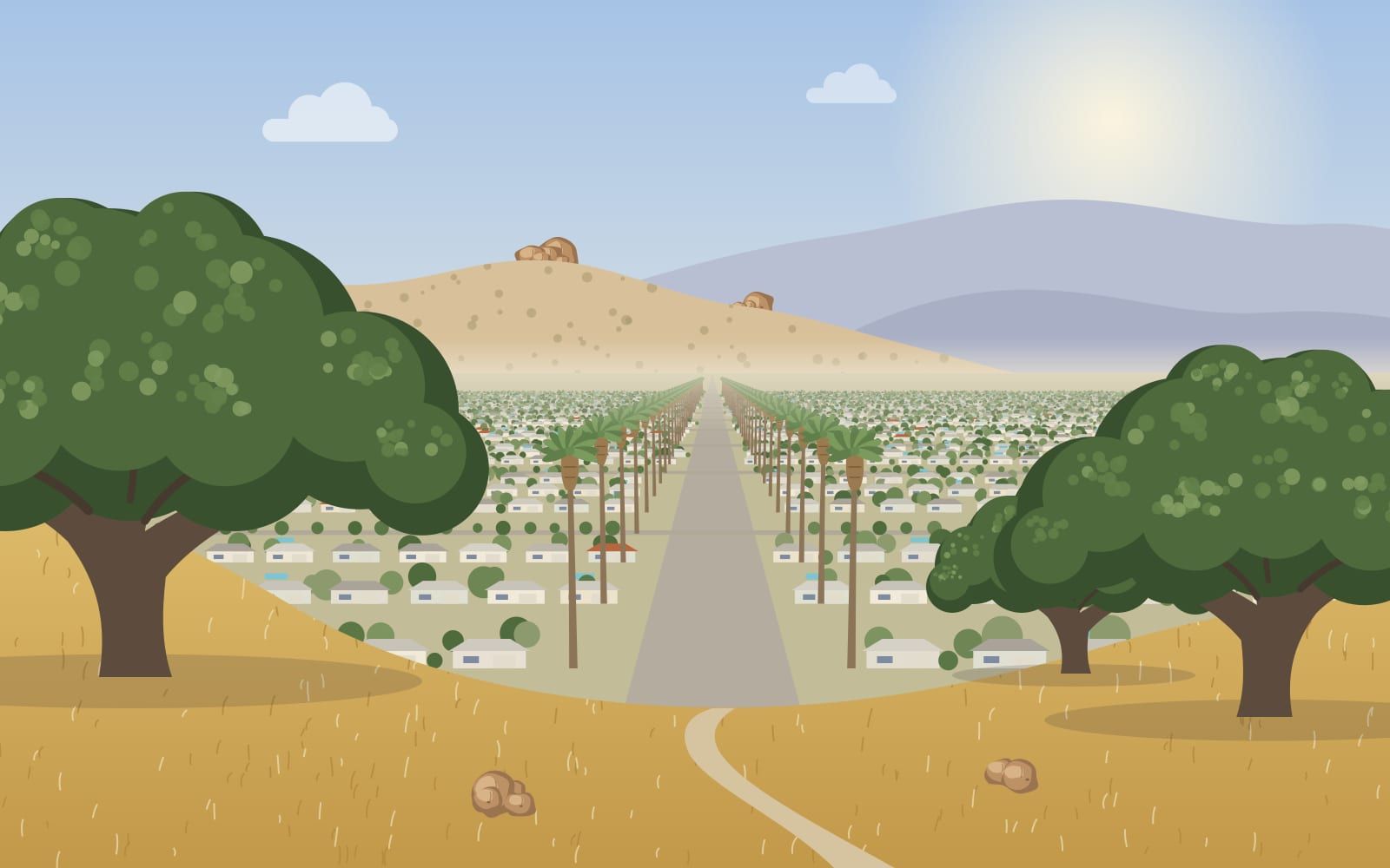 Illustration of rows of low houses, trees and pools below a golden hillside with oaks, a road lined with palms and mountains