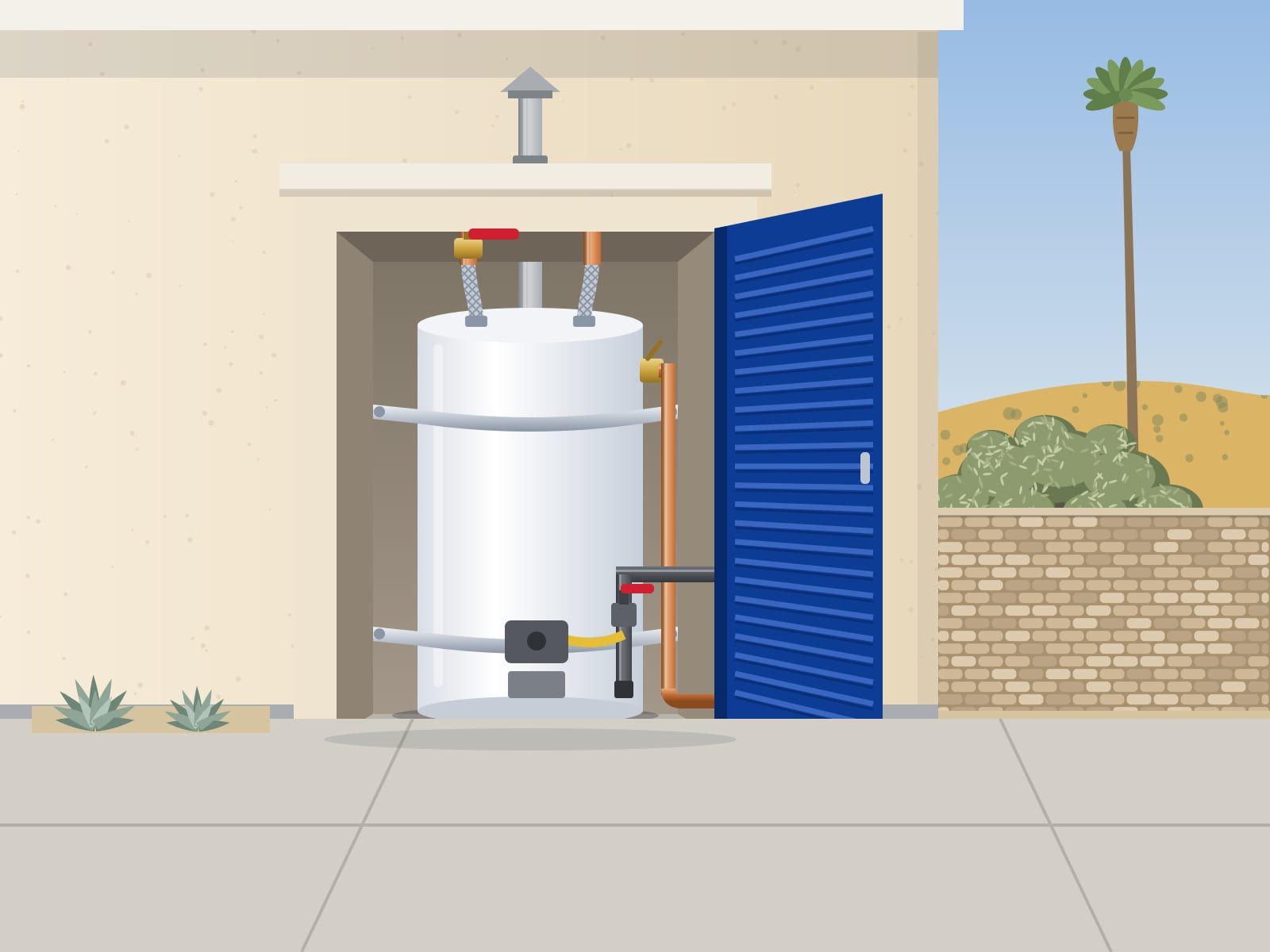 Illustration of a strapped tank water heater in an outdoor closet beside a house, its blue louvered door standing open