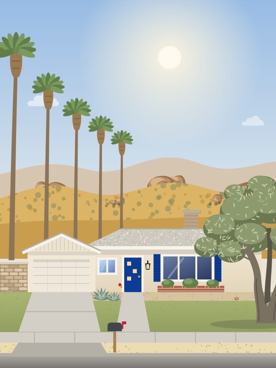 Illustration of a low ranch house with a blue door and shutters, an olive tree, a row of palms and golden hills behind