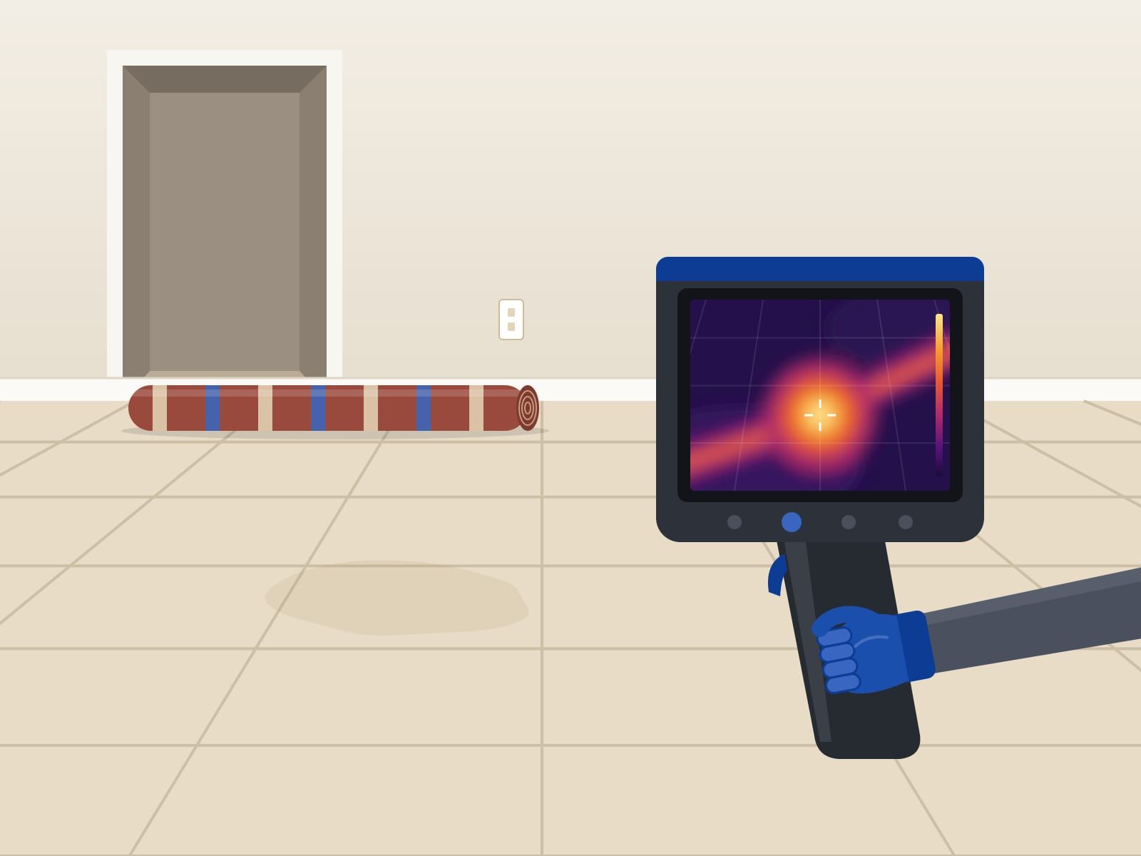 Illustration of a gloved hand holding a thermal camera over a tile floor, its screen showing a warm pipe and a hot spot