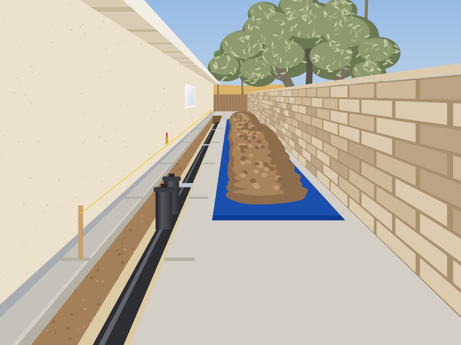 Illustration of a side yard trench with a new black sewer pipe and cleanout, and dirt piled on a blue tarp by a block wall