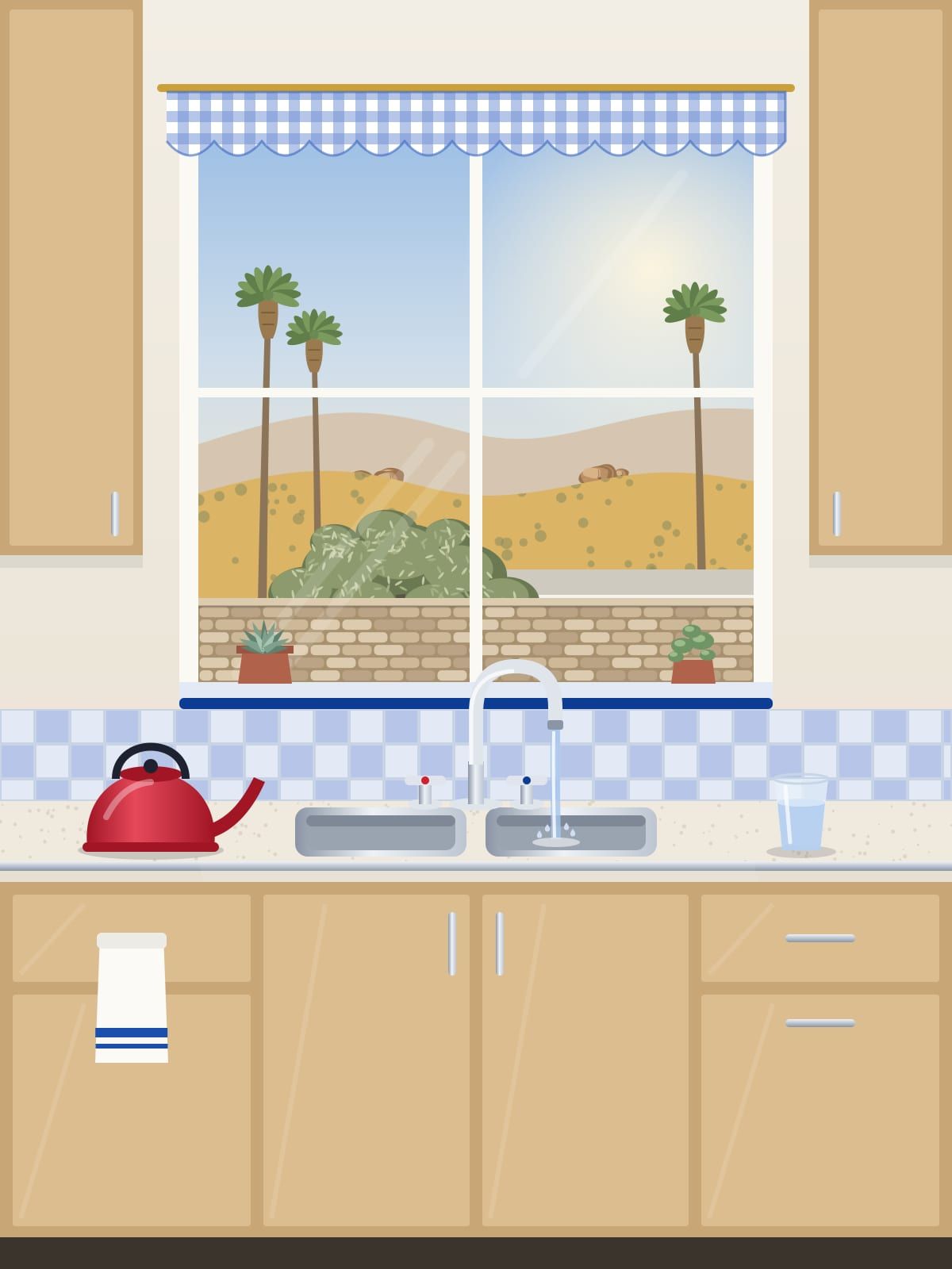 Illustration of a sunny kitchen sink with water running from the faucet, a red kettle and a window view of palms and hills
